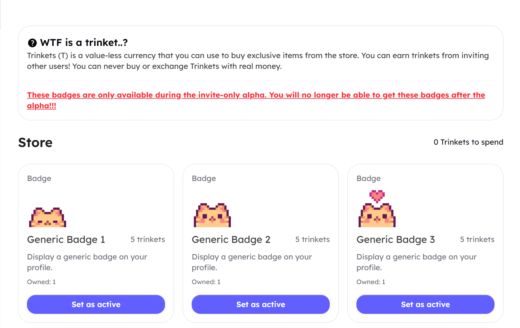 Packbase invite screen showing invitations and permanent Trinket badges