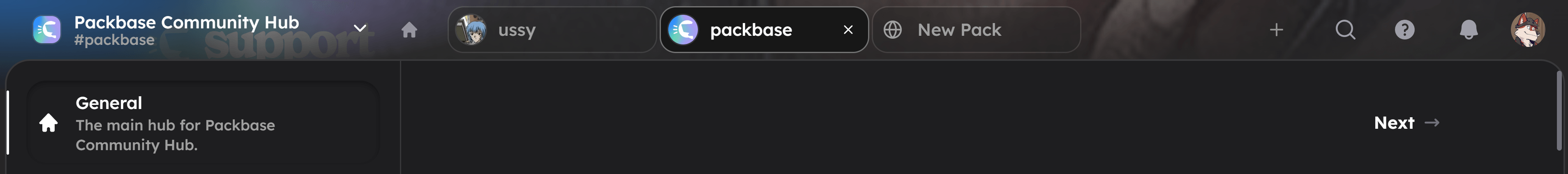 Packbase navigation bar with several Packs open as tabs