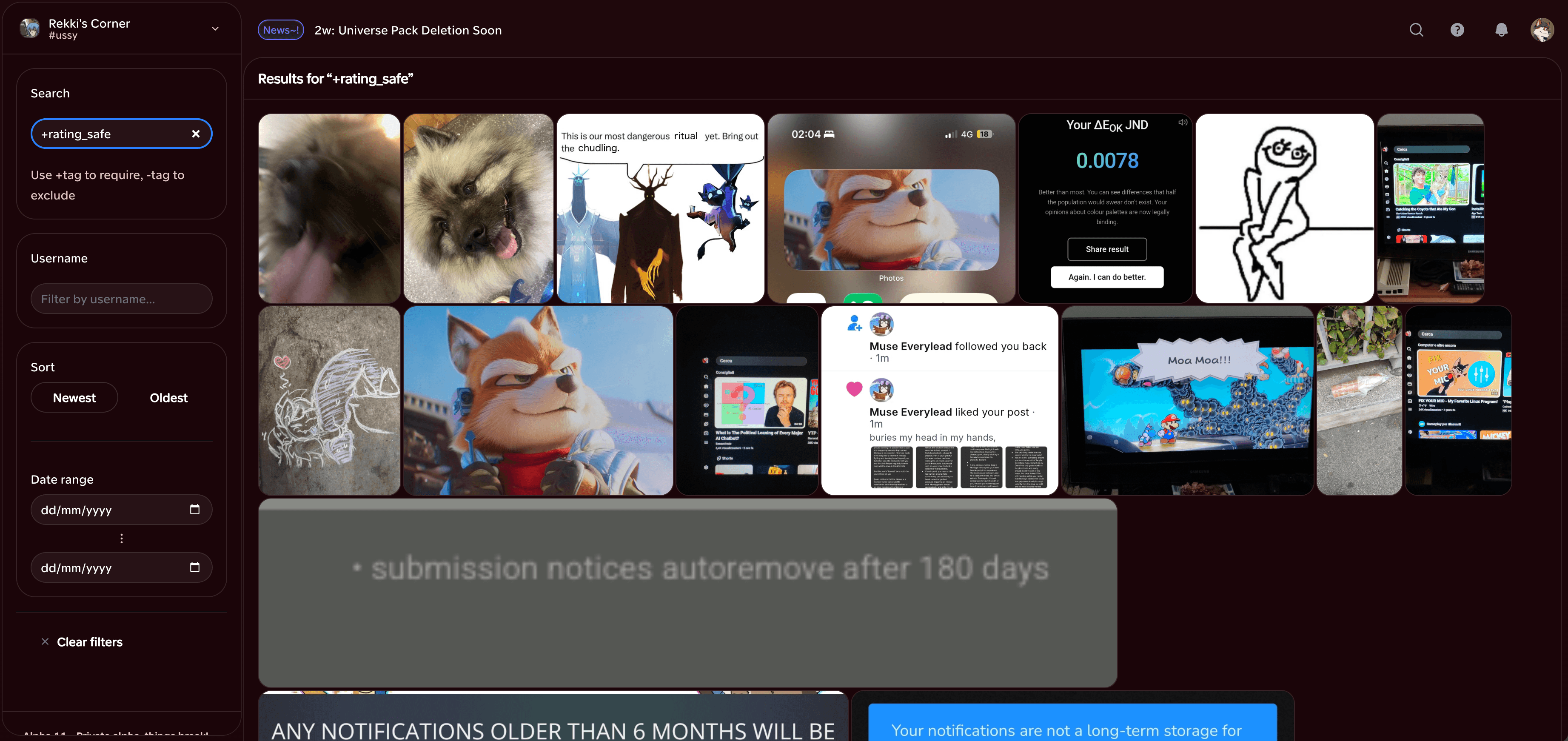 Packbase gallery search with tag filters and a grid of matching media