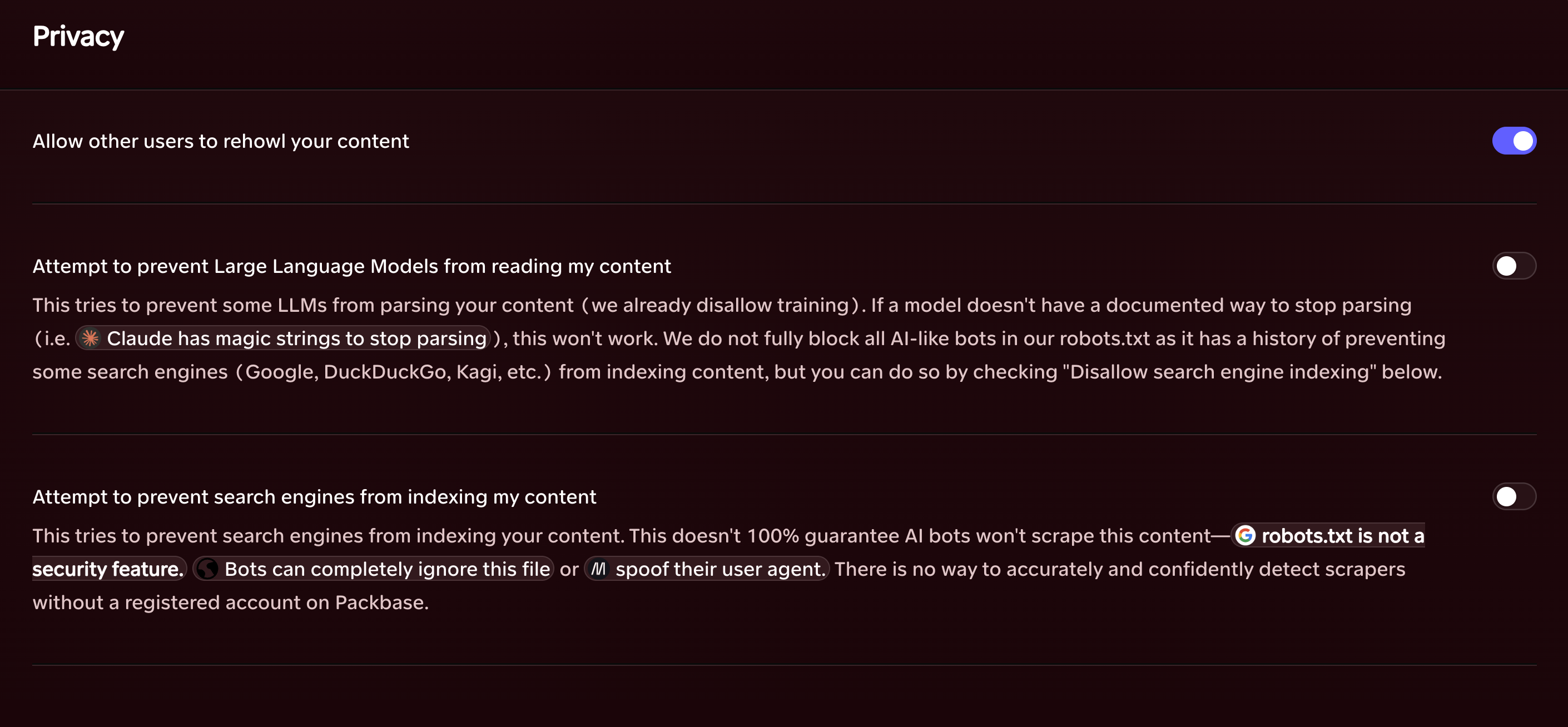 Packbase privacy settings for rehowls, language models and search engine indexing