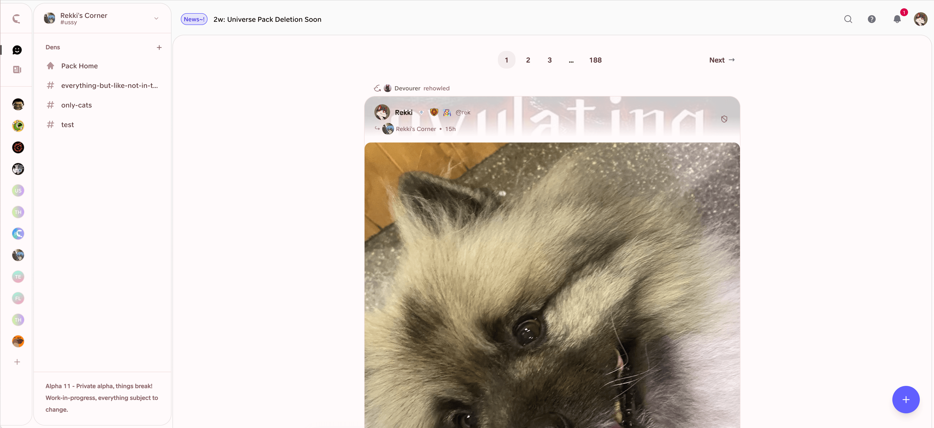 Alpha 11 desktop interface split into Pack navigation, Pack pages and the current feed