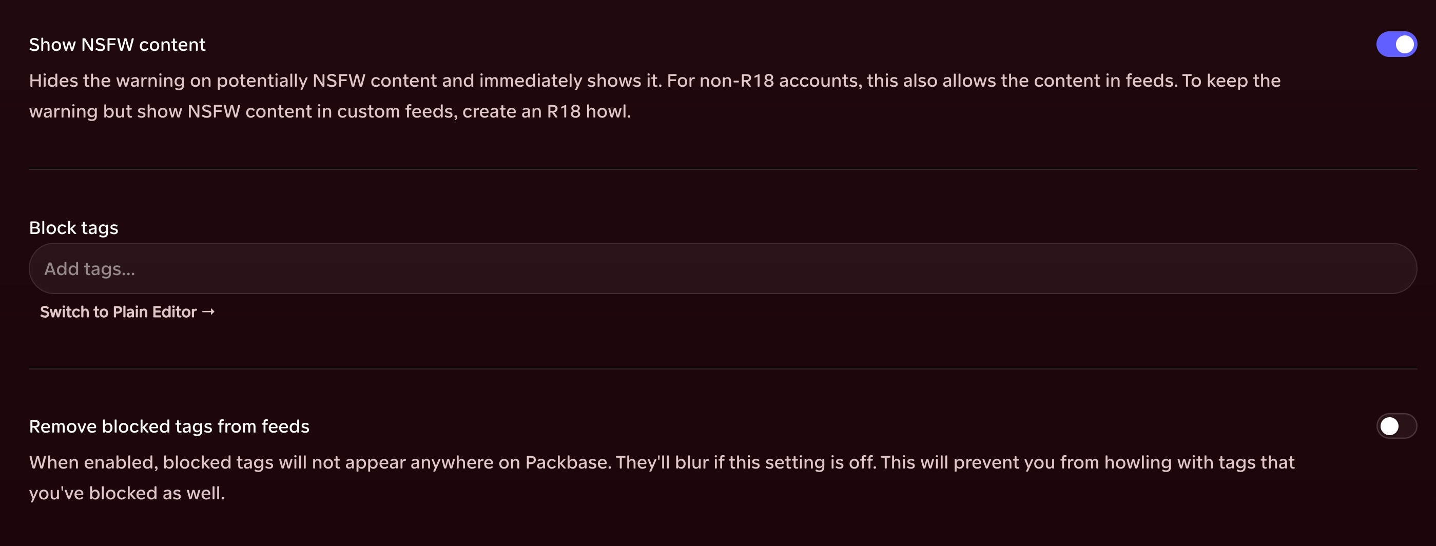 Packbase blocked-tags settings with wildcard matching examples