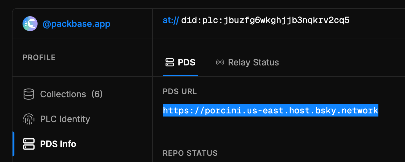 atproto.at PDS Info panel highlighting an account's PDS URL