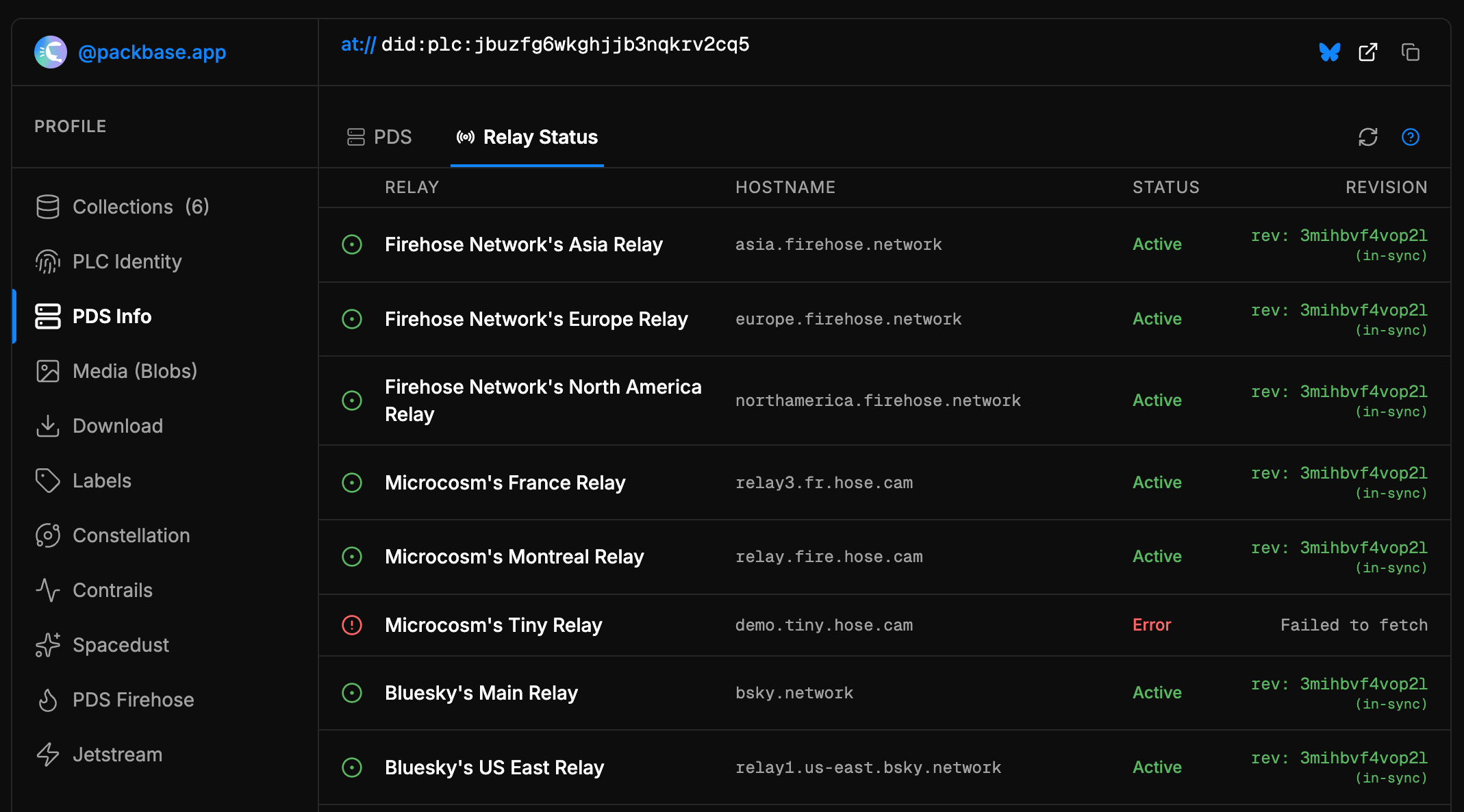 atproto.at Relay Status table showing whether a PDS is in sync with bsky.network