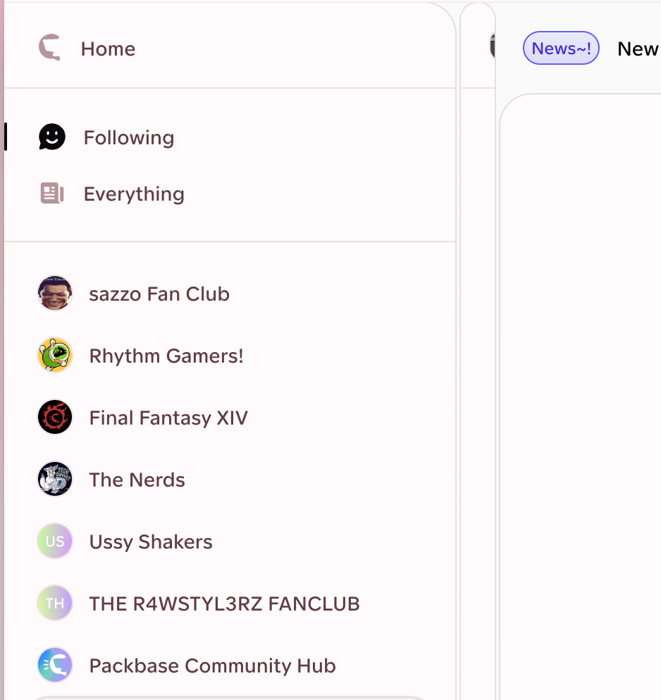 Packbase's left Pack sidebar expanded while the pointer hovers over it