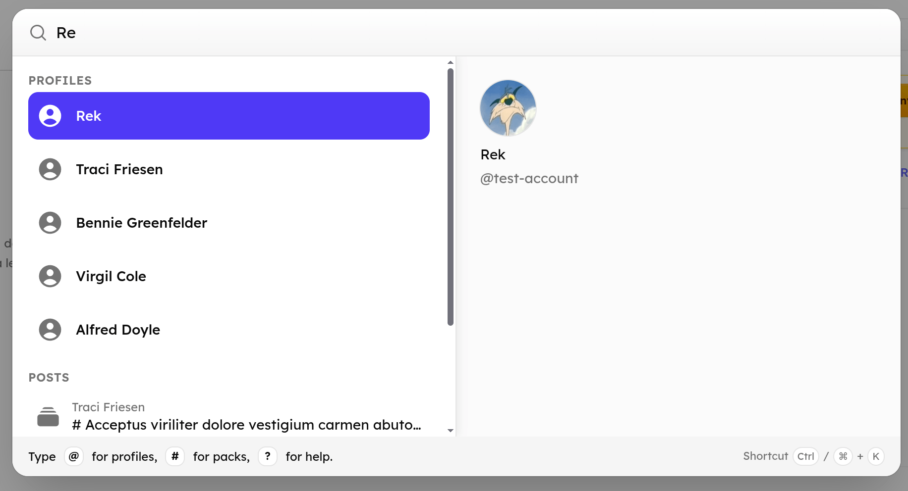 Packbase command search showing results for Packs, profiles and Howls